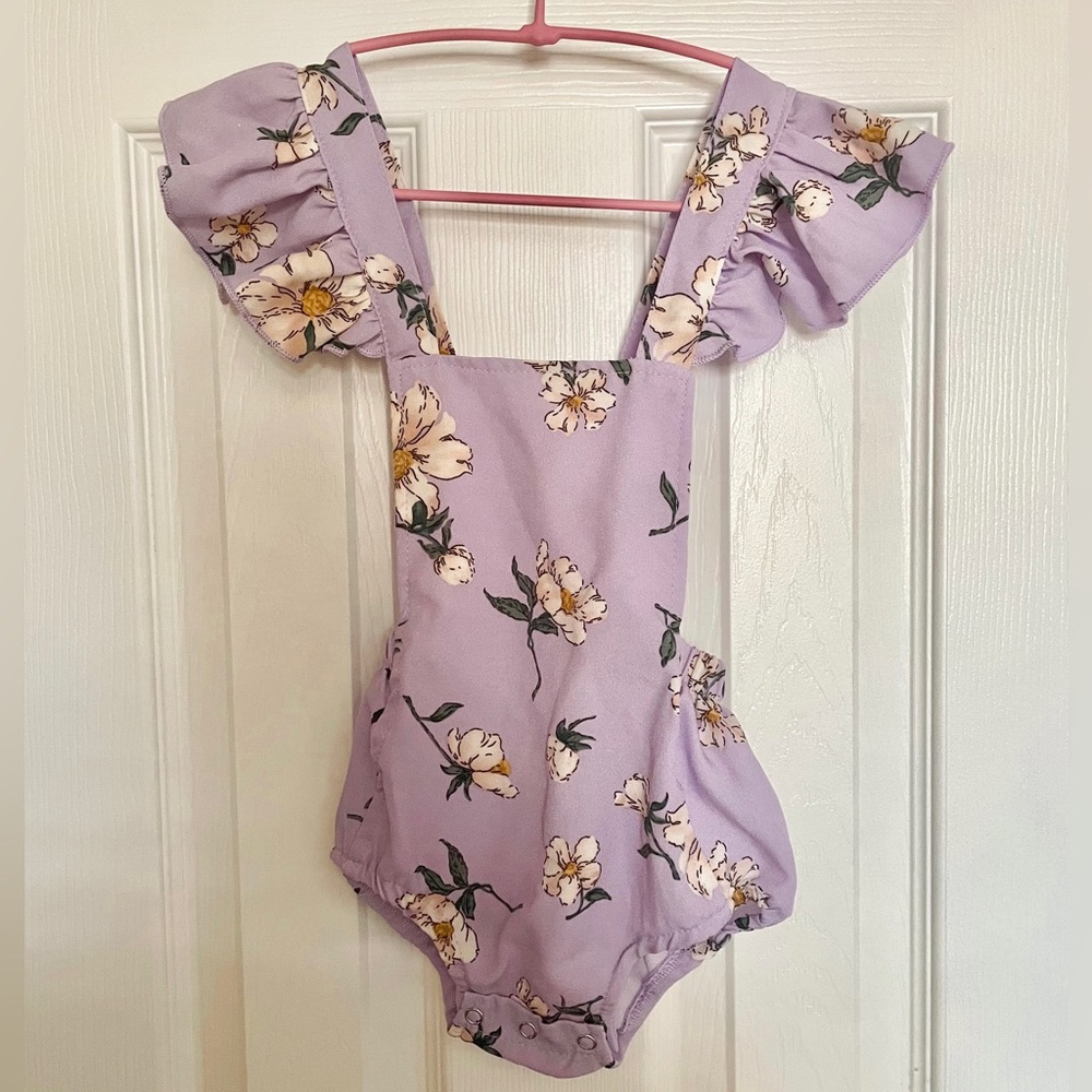 Bailey’s Blossoms Shiloh Tie-back Ruffle Romper in Lavender & Magnolia
